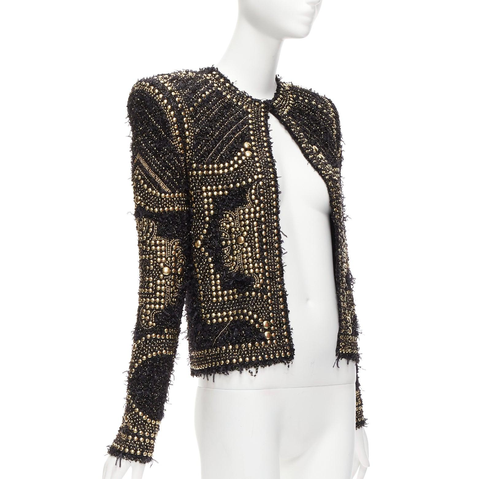 Women's BALMAIN  2022gold black boucle tweed gold studded power shoulder jacket FR34 XS For Sale