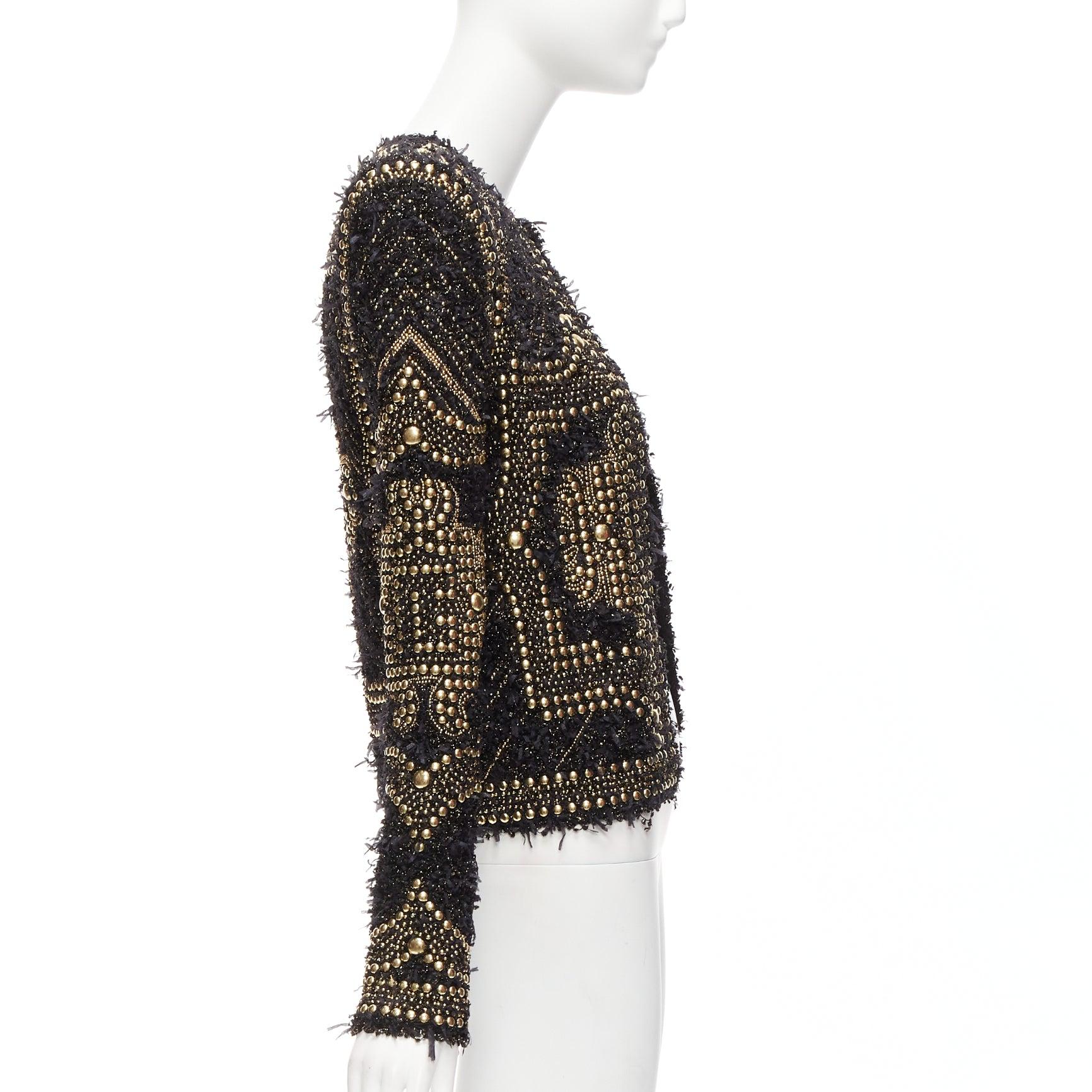 Women's BALMAIN  2022gold black boucle tweed gold studded power shoulder jacket FR34 XS For Sale