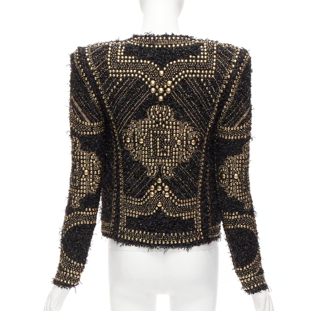 BALMAIN  2022gold black boucle tweed gold studded power shoulder jacket FR34 XS For Sale 1