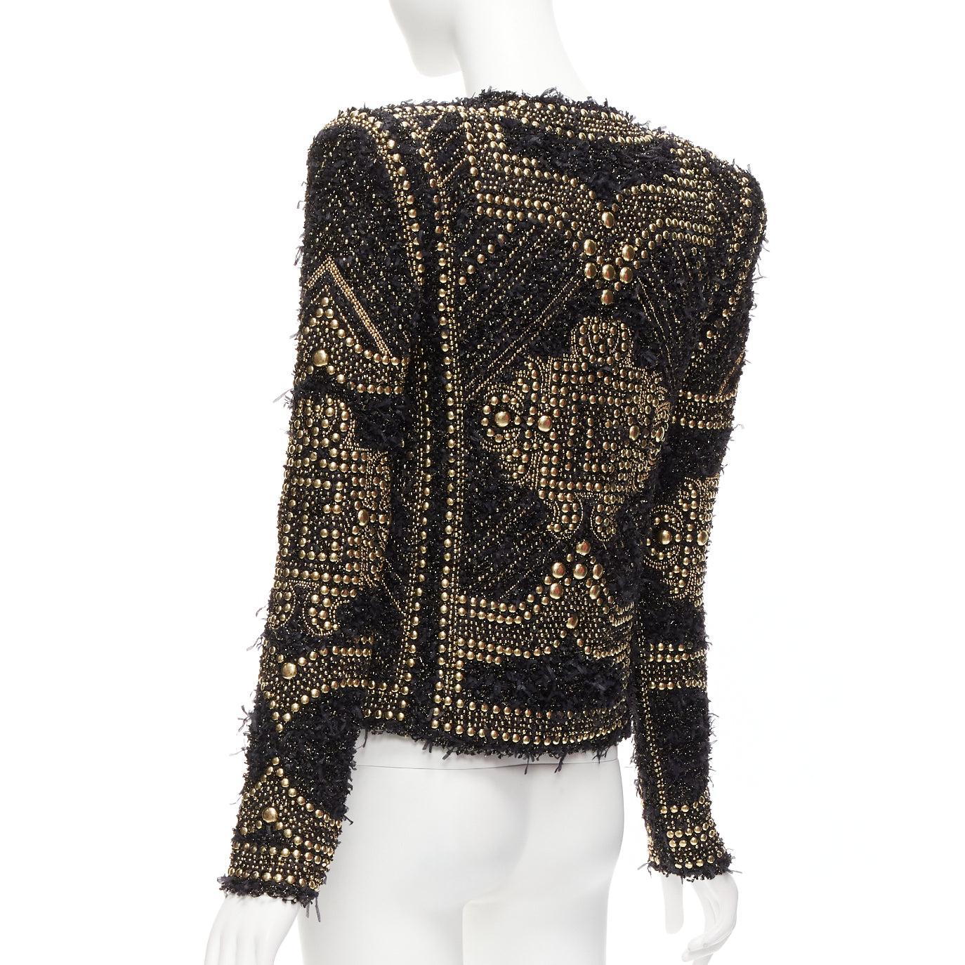 BALMAIN  2022gold black boucle tweed gold studded power shoulder jacket FR34 XS For Sale 3