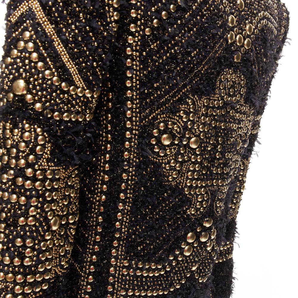 BALMAIN  2022gold black boucle tweed gold studded power shoulder jacket FR34 XS For Sale 3