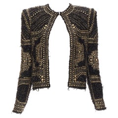 BALMAIN  2022gold black boucle tweed gold studded power shoulder jacket FR34 XS