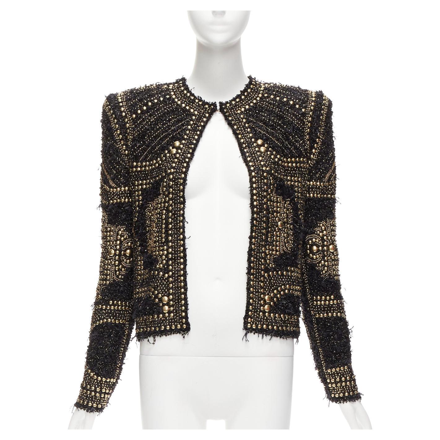 BALMAIN  2022gold black boucle tweed gold studded power shoulder jacket FR34 XS For Sale