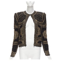 BALMAIN  2022gold giacca power shoulder in tweed bouclè nero con borchie dorate FR34 XS