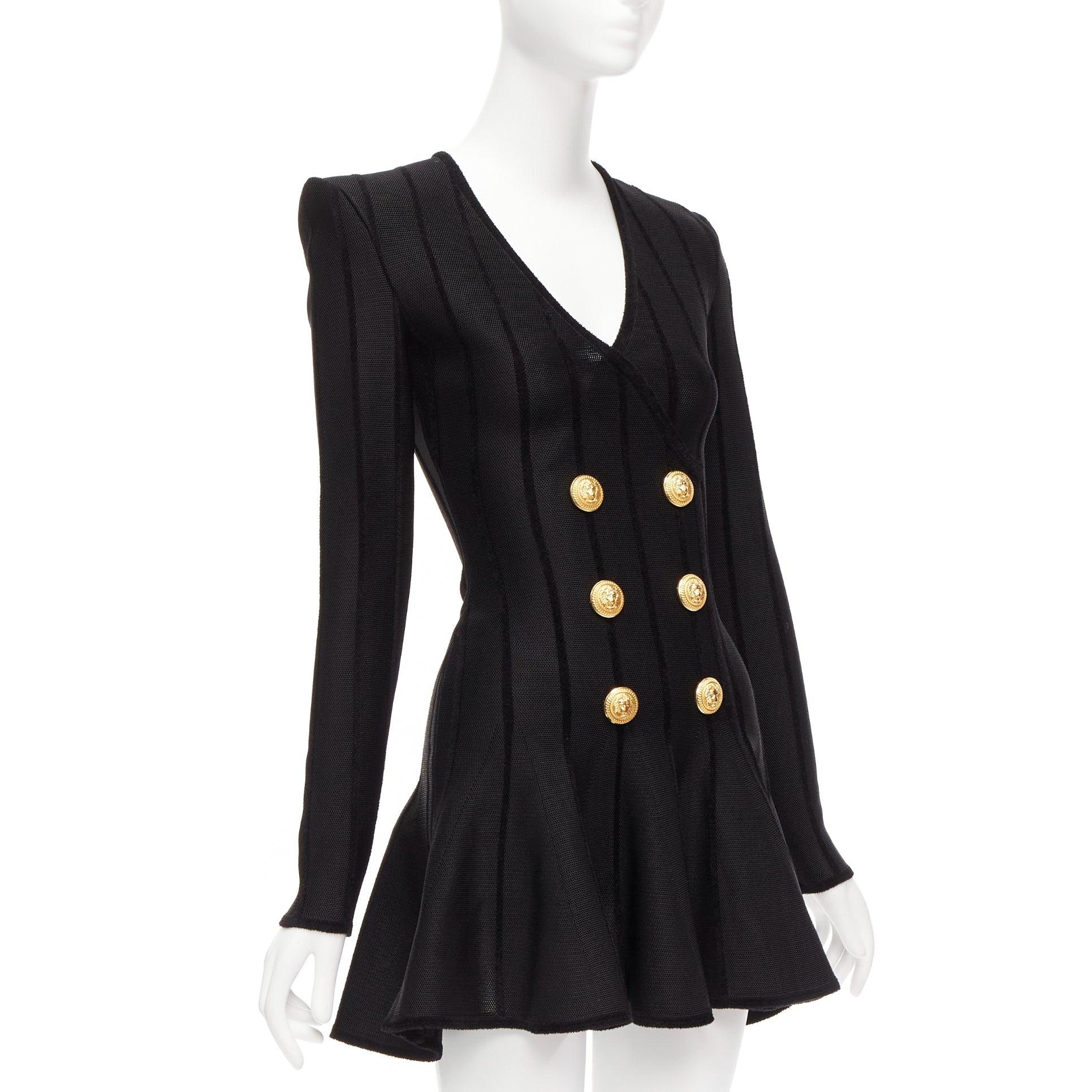 BALMAIN 2023 black striped chenille gold lion button mesh mini dress FR34 XS
Reference: AAWC/A00699
Brand: Balmain
Designer: Olivier Rousteing
Collection: 2023
Material: Viscose, Polyamide
Color: Black, Gold
Pattern: Striped
Closure: Zip
Extra