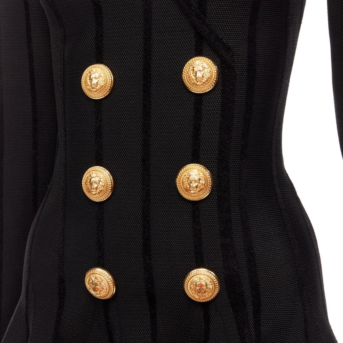 BALMAIN 2023 black striped chenille gold lion button mesh mini dress FR34 XS
Reference: AAWC/A00699
Brand: Balmain
Designer: Olivier Rousteing
Collection: 2023
Material: Viscose, Polyamide
Color: Black, Gold
Pattern: Striped
Closure: Zip
Extra