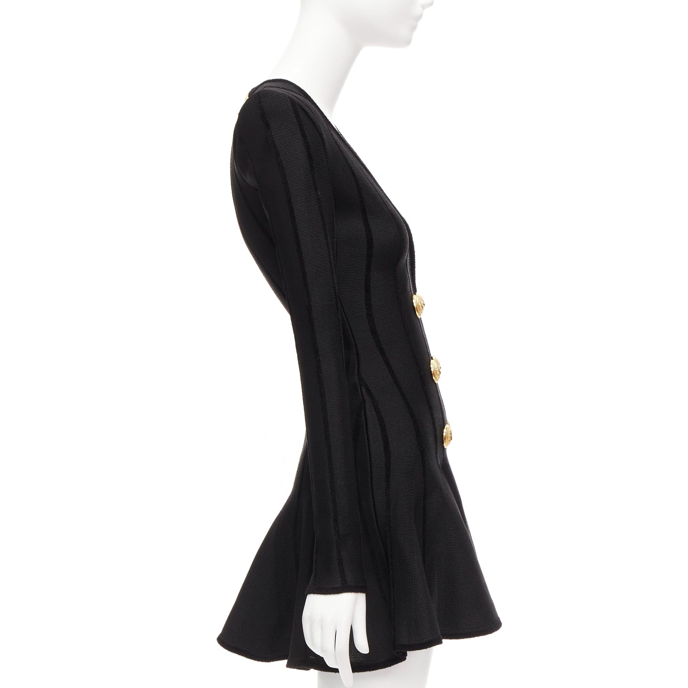 BALMAIN 2023 black striped chenille gold lion button mesh mini dress FR34 XS In Excellent Condition For Sale In Hong Kong, NT