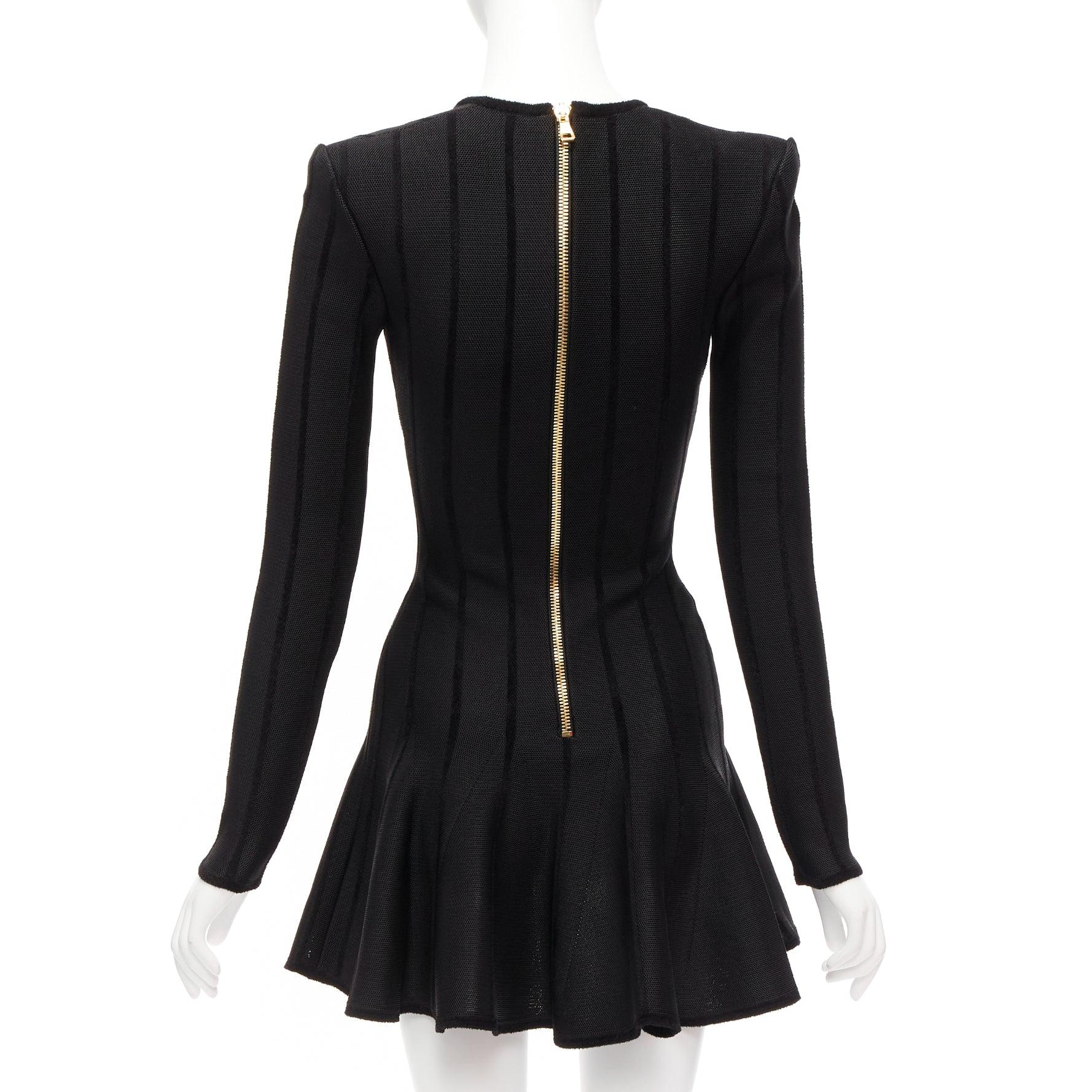 Women's BALMAIN 2023 black striped chenille gold lion button mesh mini dress FR34 XS For Sale