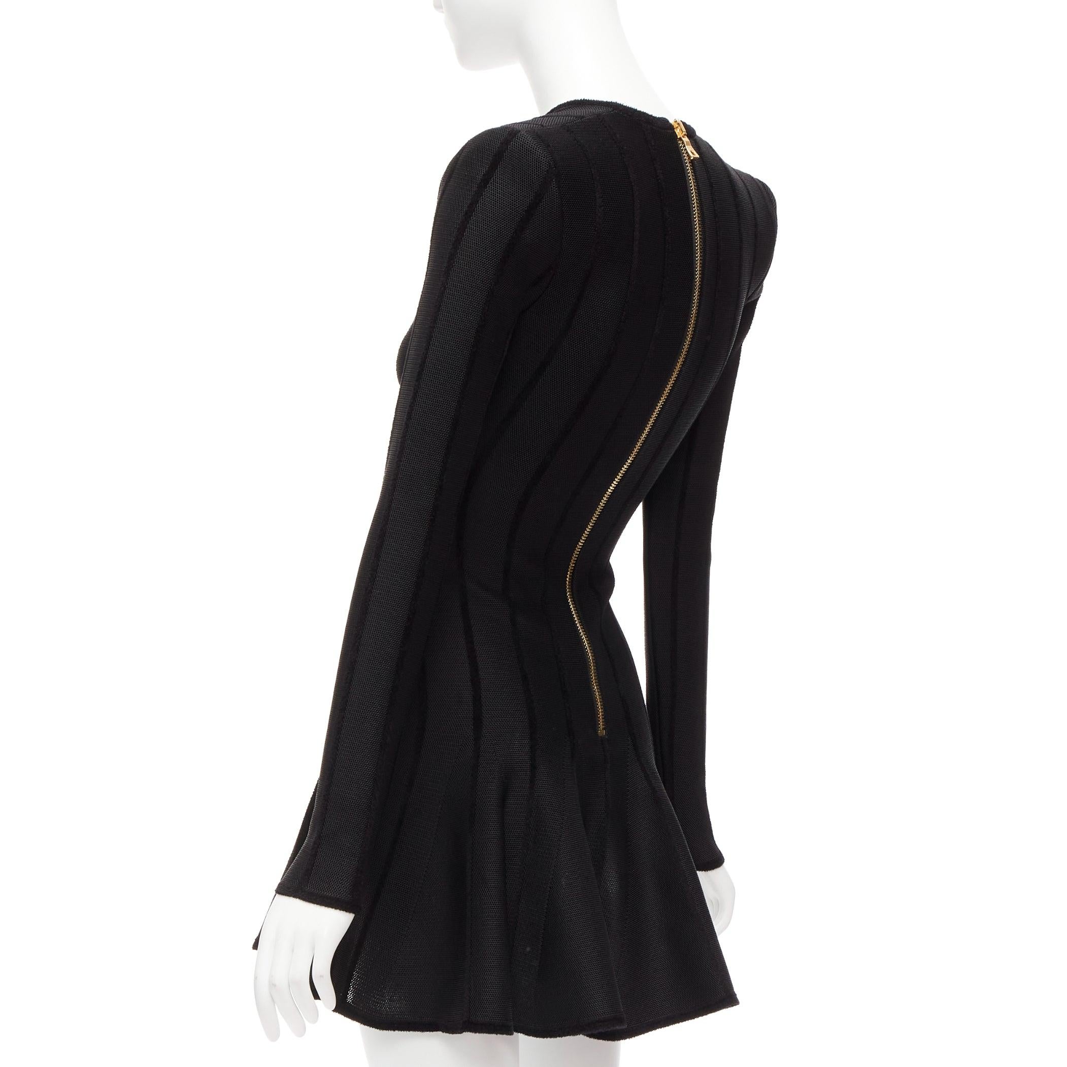 BALMAIN 2023 black striped chenille gold lion button mesh mini dress FR34 XS For Sale 2