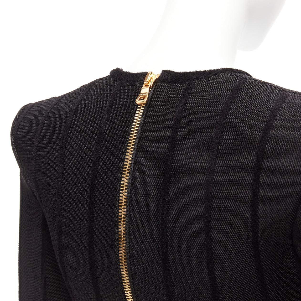 BALMAIN 2023 black striped chenille gold lion button mesh mini dress FR34 XS For Sale 2