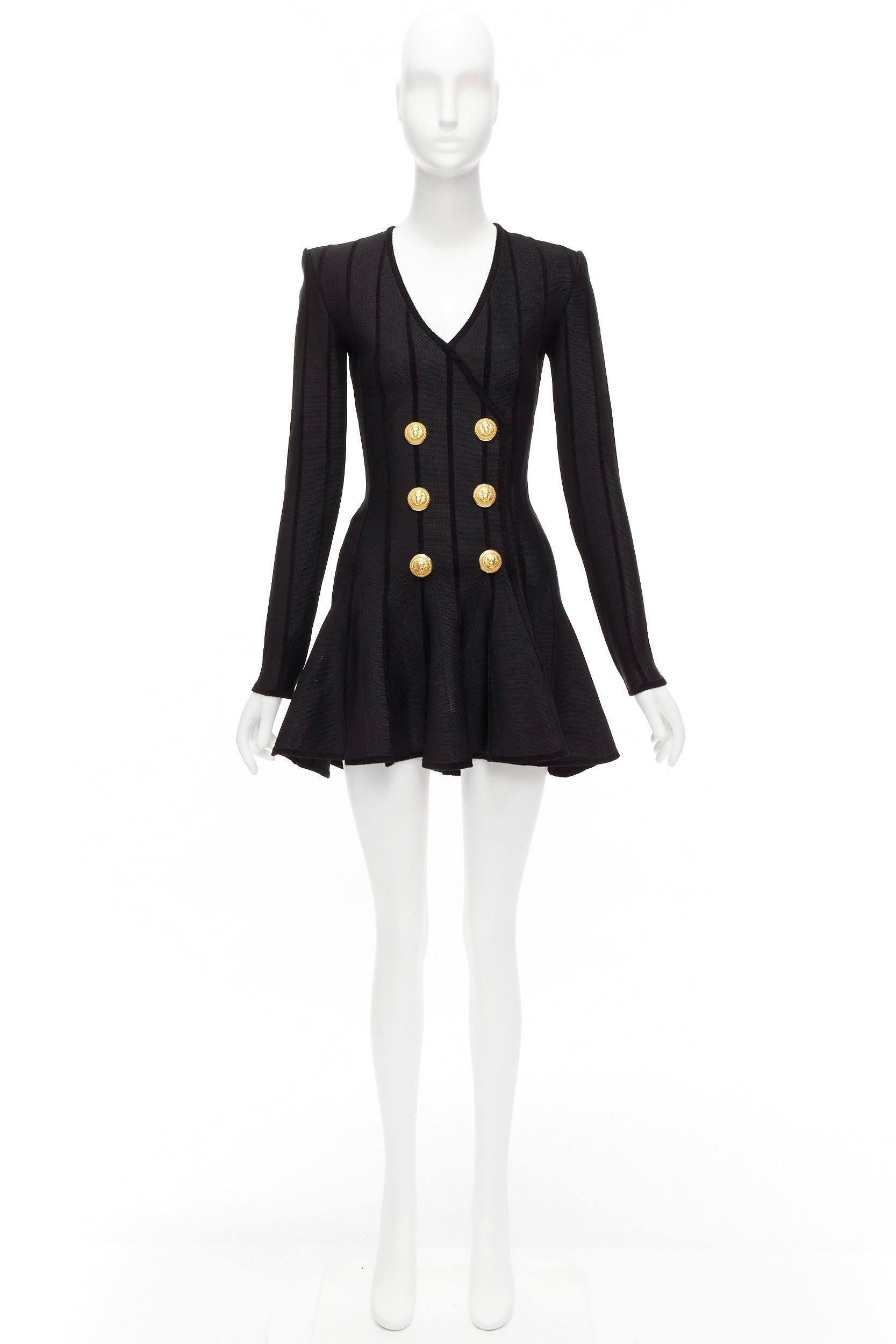 BALMAIN 2023 black striped chenille gold lion button mesh mini dress FR34 XS For Sale 4