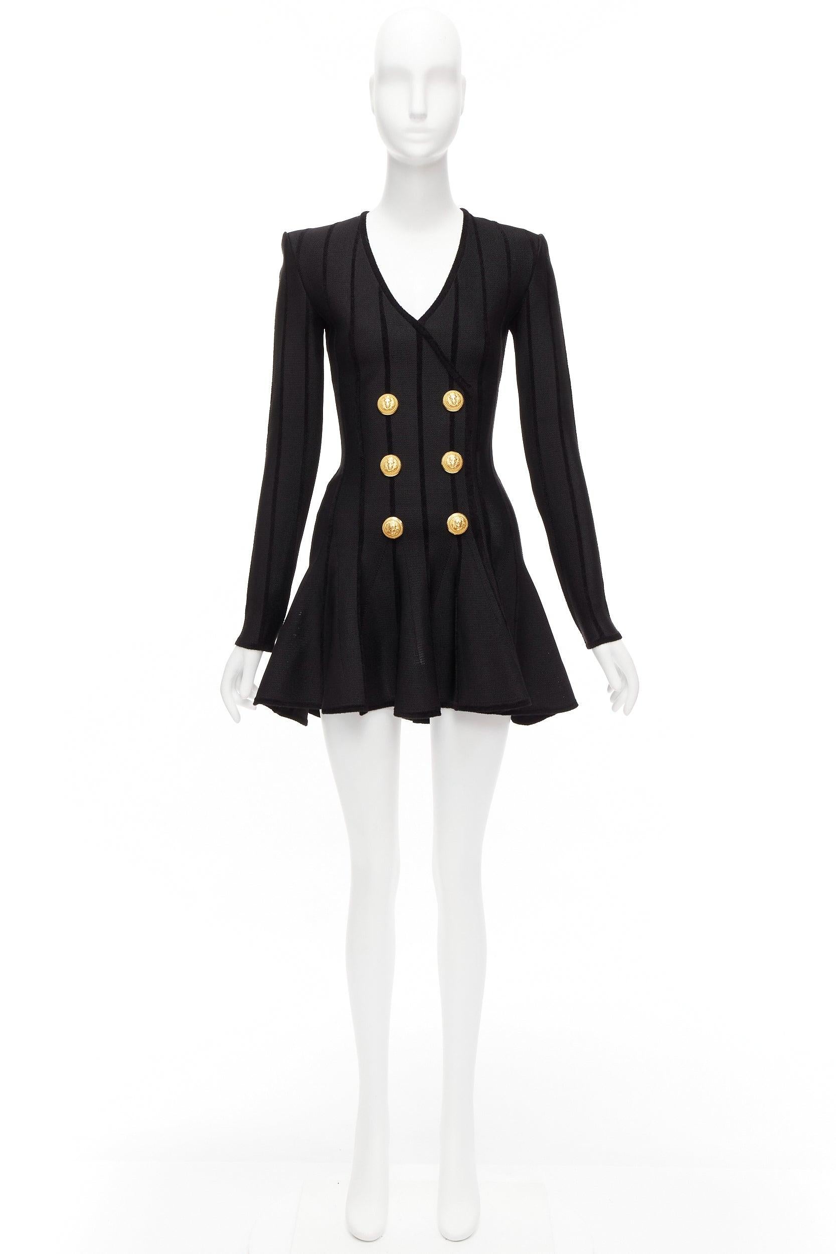 BALMAIN 2023 black striped chenille gold lion button mesh mini dress FR34 XS For Sale 5