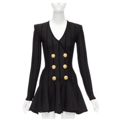 BALMAIN 2023 black striped chenille gold lion button mesh mini dress FR34 XS