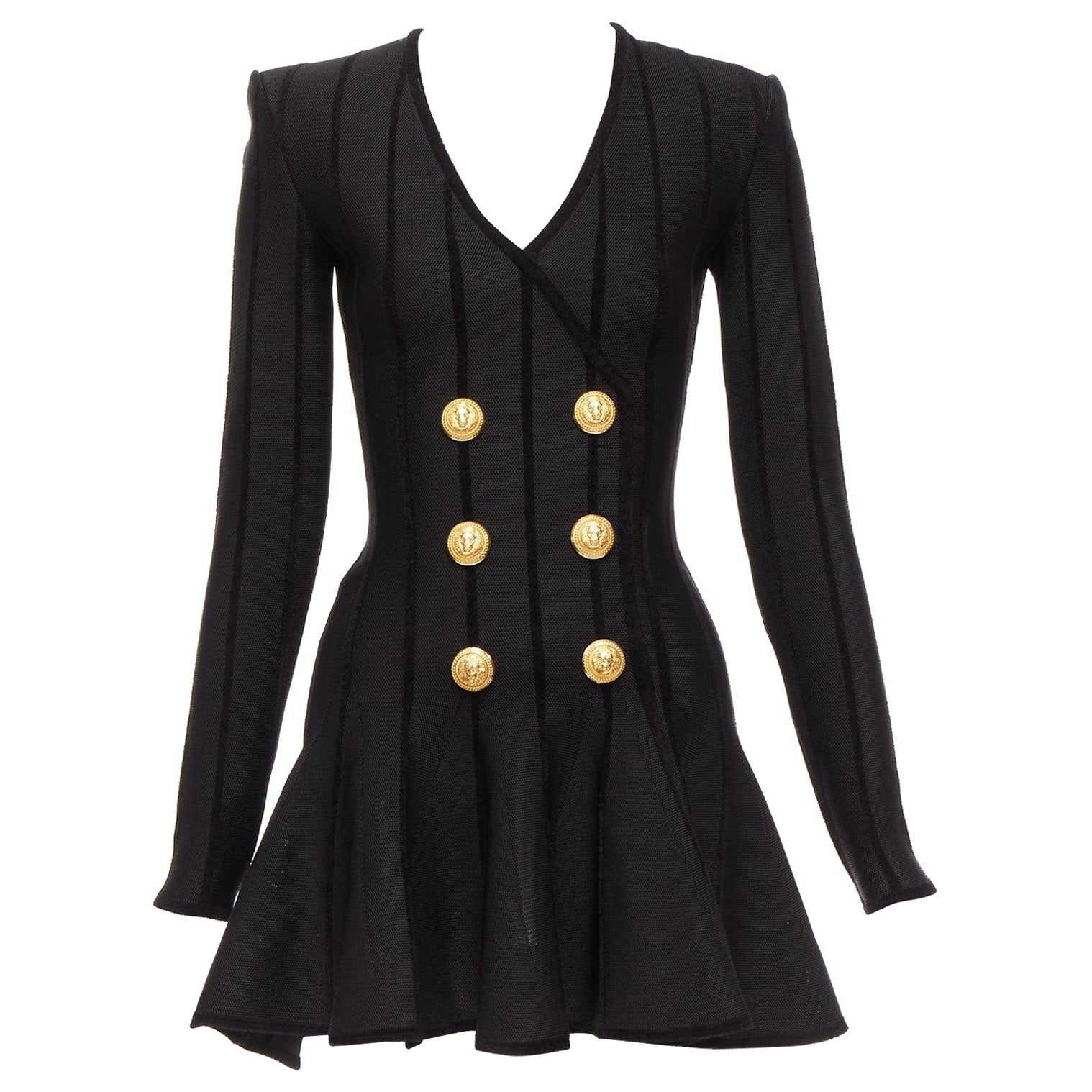 BALMAIN 2023 black striped chenille gold lion button mesh mini dress FR34 XS
