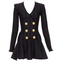BALMAIN 2023 black striped chenille gold lion button mesh mini dress FR34 XS