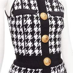 BALMAIN 2023 black white houndstooth gold lion button  halter mini dress FR34 XS