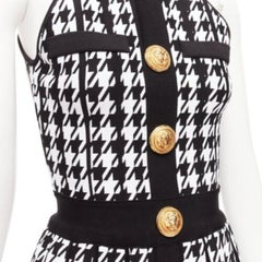 BALMAIN 2023 black white houndstooth gold lion button  halter mini dress FR34 XS