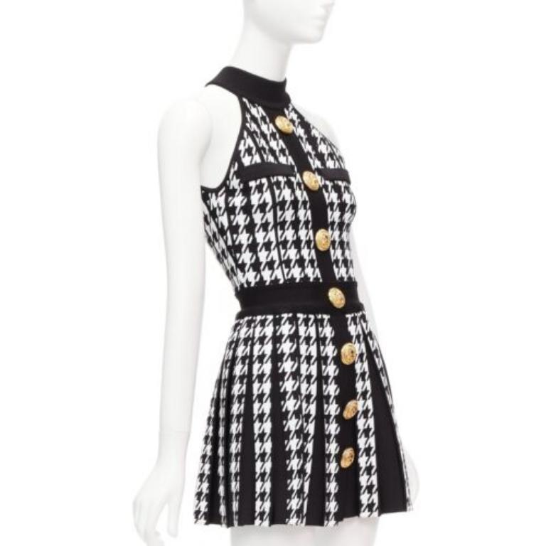 Black BALMAIN 2023 black white houndstooth gold lion button  halter mini dress FR34 XS For Sale