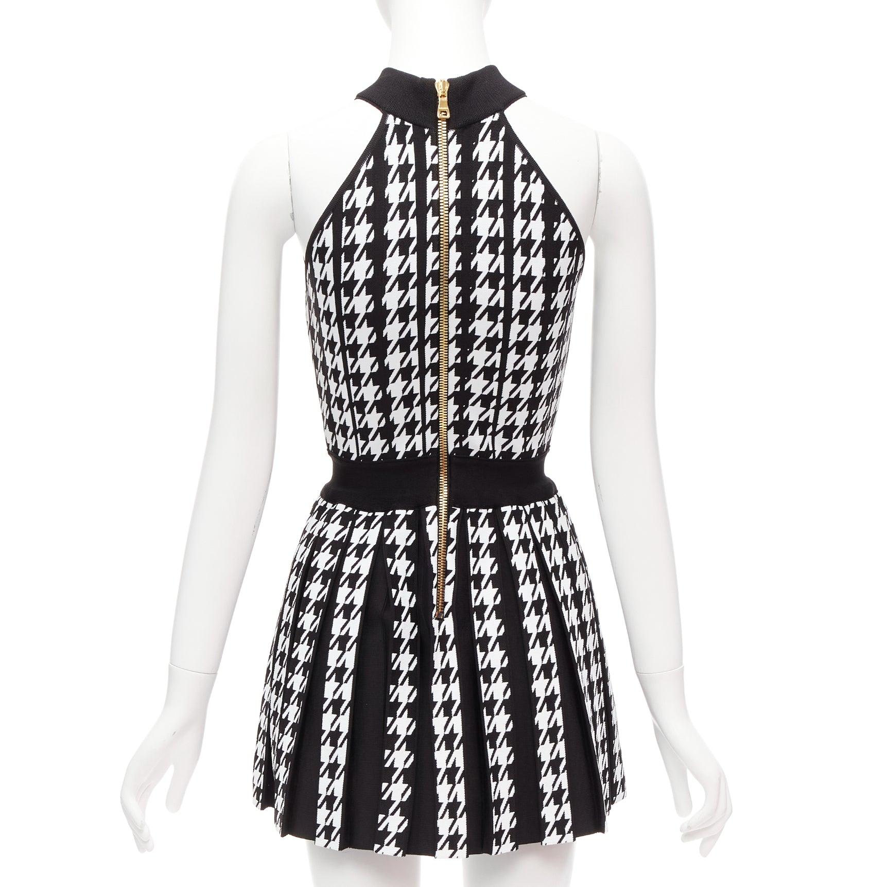 Women's BALMAIN 2023 black white houndstooth gold lion button halter mini dress FR34 XS For Sale