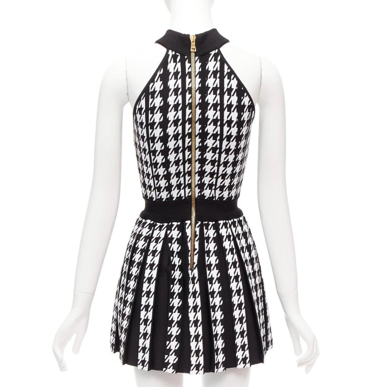BALMAIN 2023 black white houndstooth gold lion button halter mini dress  FR34 XS at 1stDibs