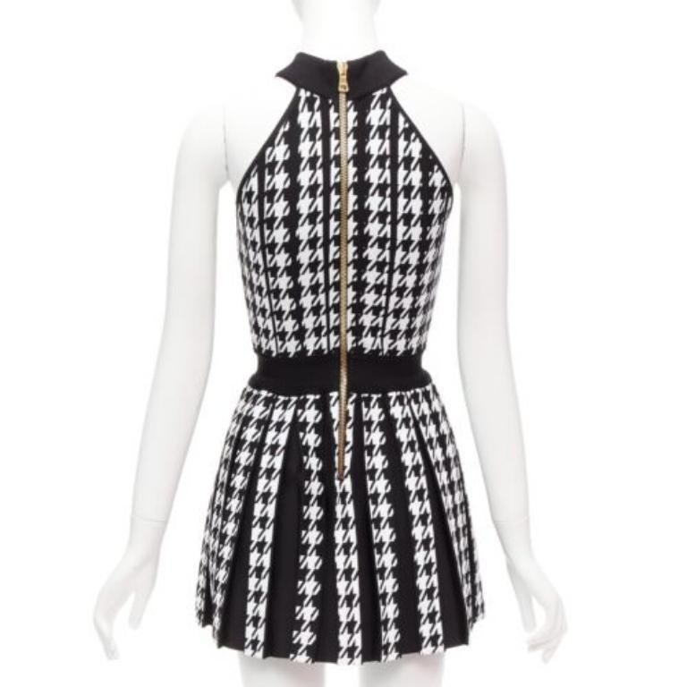 Women's BALMAIN 2023 black white houndstooth gold lion button  halter mini dress FR34 XS For Sale