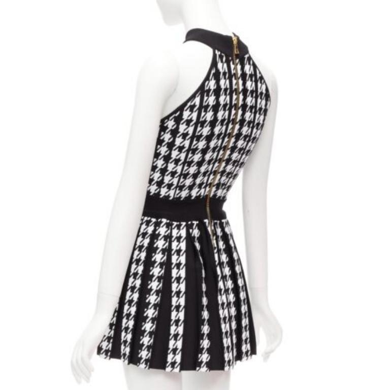 BALMAIN 2023 black white houndstooth gold lion button  halter mini dress FR34 XS For Sale 1