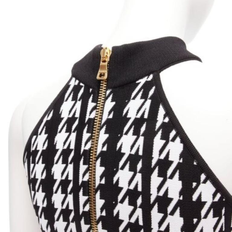 BALMAIN 2023 black white houndstooth gold lion button  halter mini dress FR34 XS For Sale 2