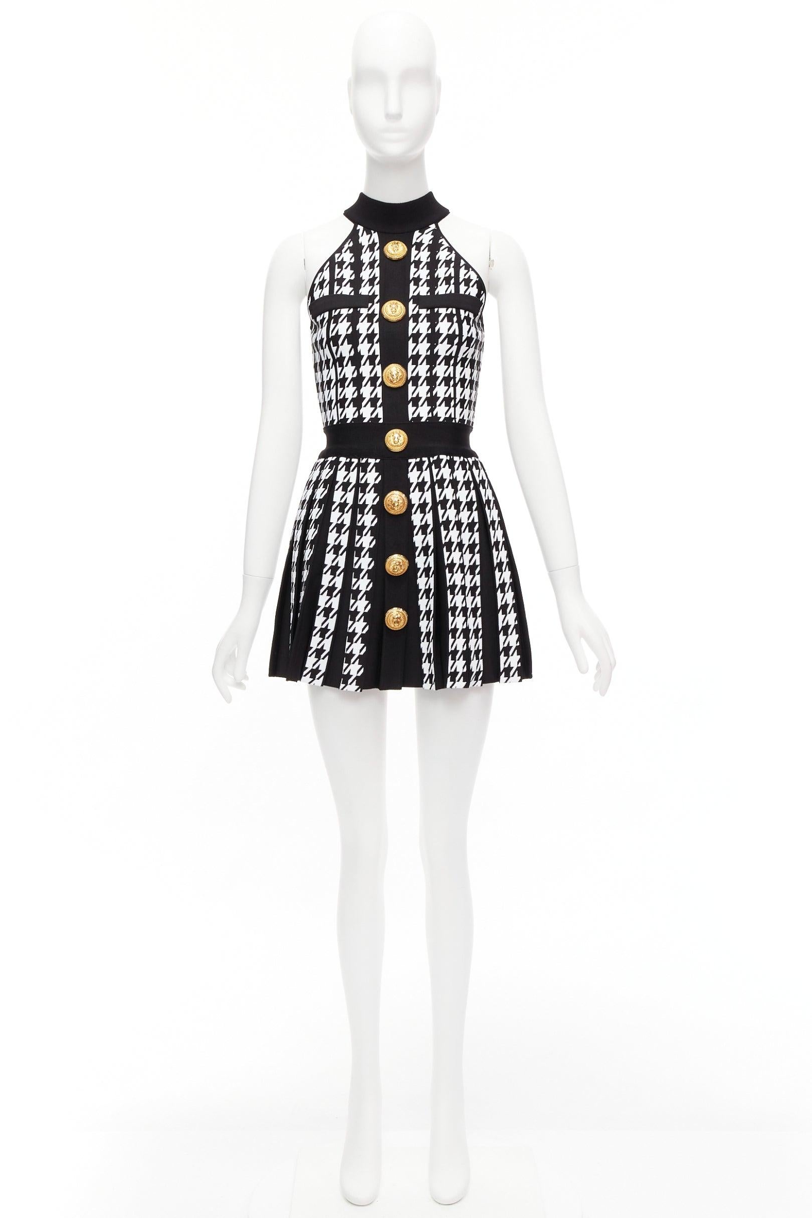 BALMAIN 2023 black white houndstooth gold lion button halter mini dress FR34 XS 4
