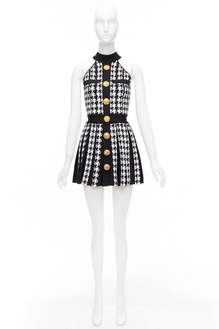 BALMAIN 2023 black white houndstooth gold lion button halter mini dress  FR34 XS at 1stDibs