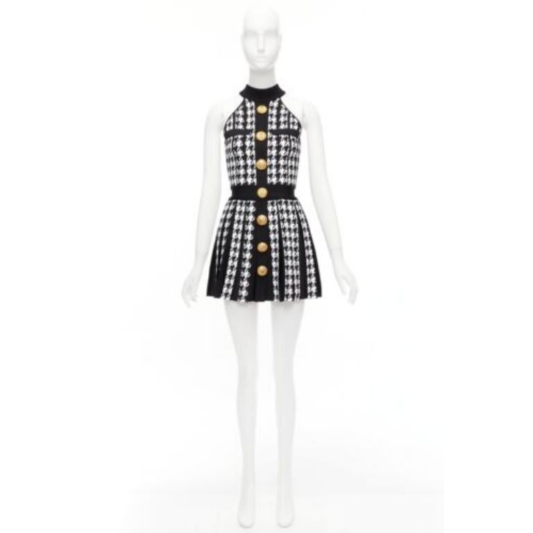 BALMAIN 2023 black white houndstooth gold lion button  halter mini dress FR34 XS For Sale 4