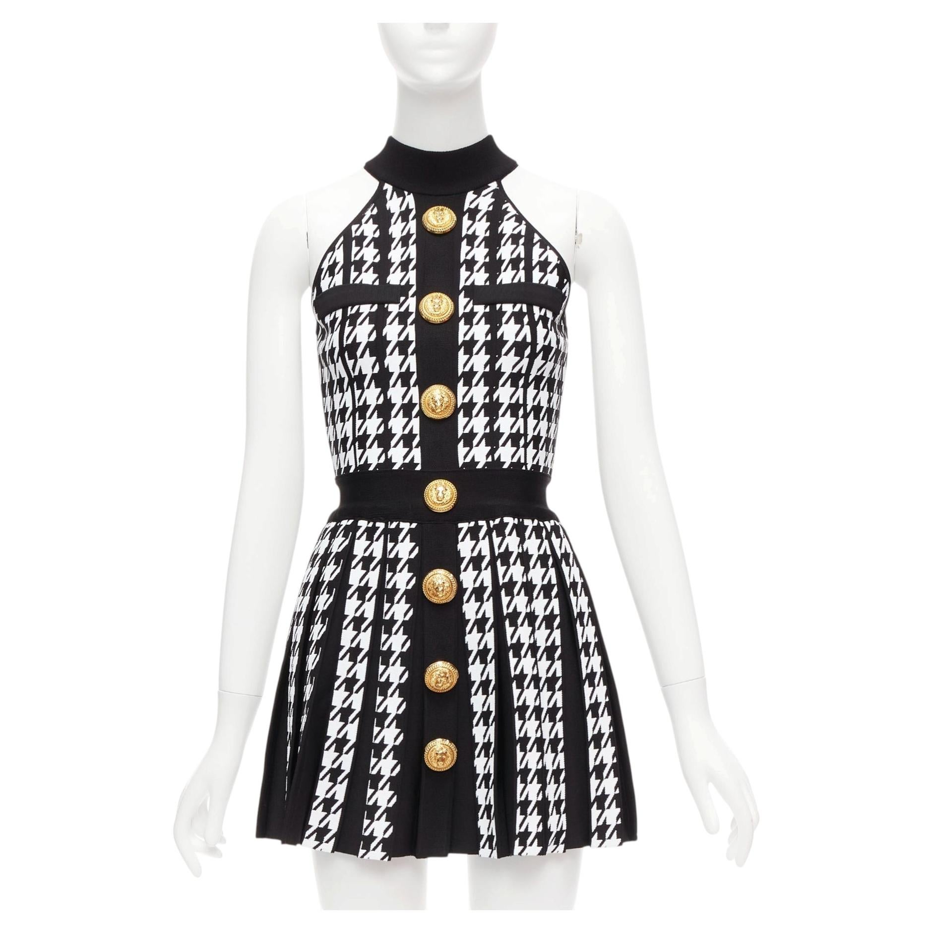 Pre-owned Balmain 2023 Black White Houndstooth Gold Lion Button Halter Mini Dress Fr34 Xs