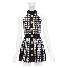 BALMAIN 2023 black white houndstooth gold lion button  halter mini dress FR34 XS