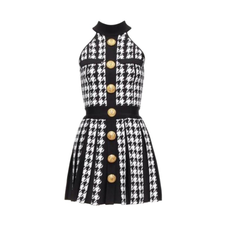 BALMAIN 2023 noir blanc pied-de-poule bouton lion doré  Mini robe dos nu FR34 XS