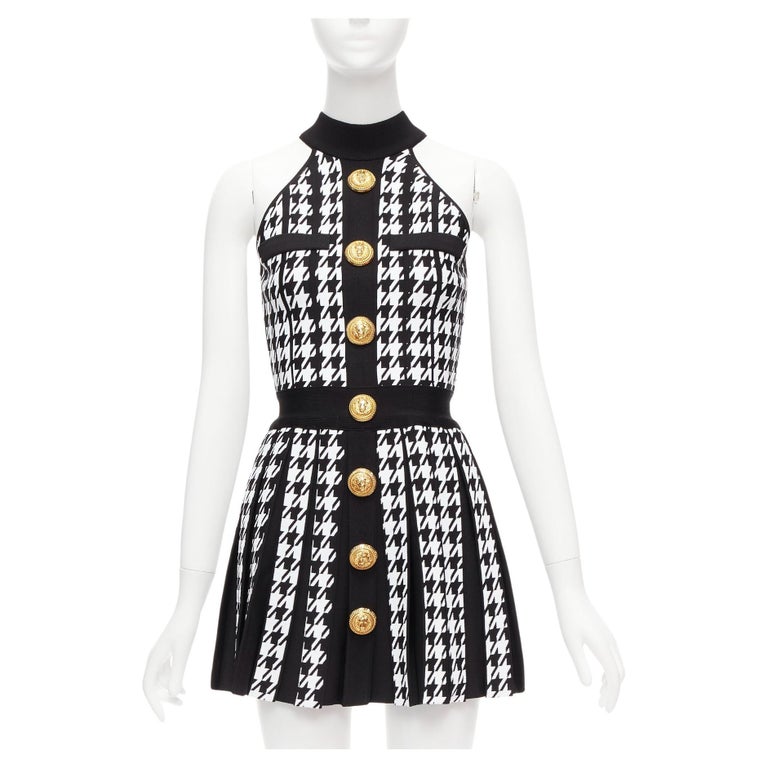 BALMAIN 2023 black white houndstooth gold lion button halter mini dress FR34 XS BALMAIN 2023 black white houndstooth gold lion button halter mini dress FR34 XS