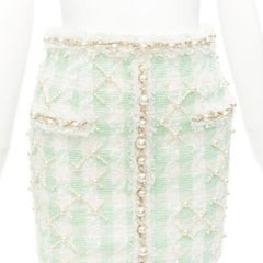 BALMAIN 2023 mini gonna preppy in tweed verde bianco impreziosita da perle FR34 XS