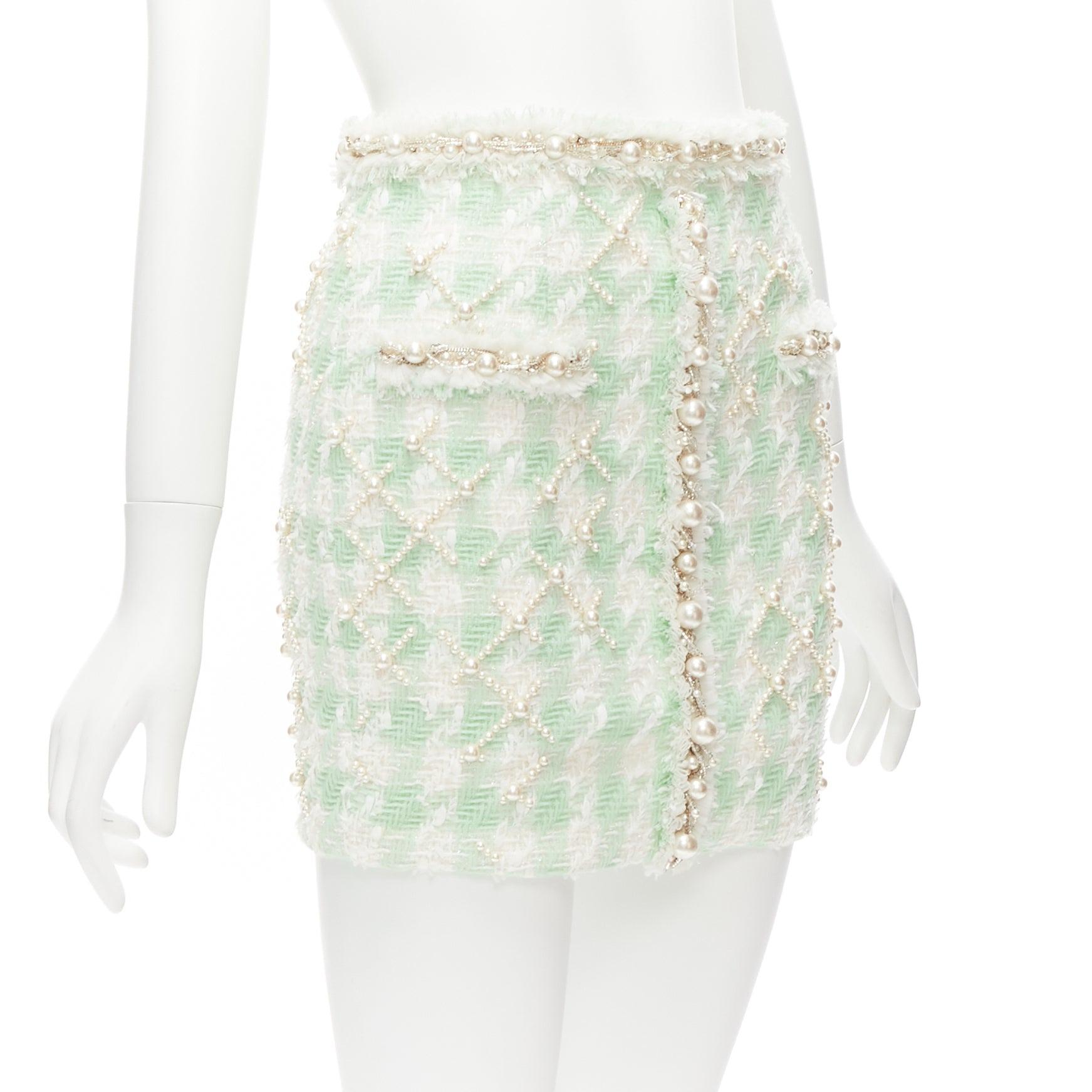 Gray BALMAIN 2023 green white tweed pearl embellished preppy mini skirt FR34 XS For Sale