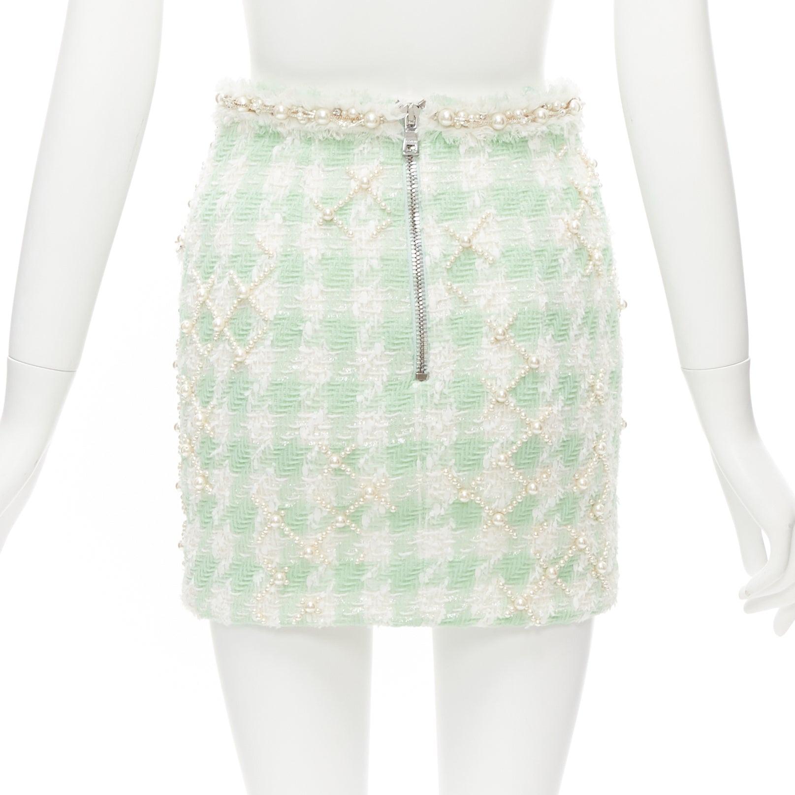Women's BALMAIN 2023 green white tweed pearl embellished preppy mini skirt FR34 XS For Sale