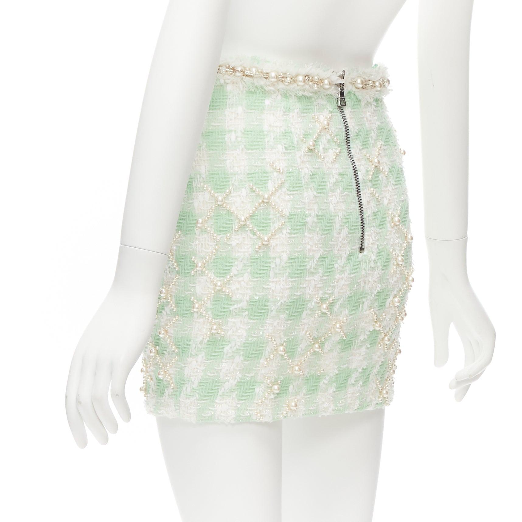 BALMAIN 2023 green white tweed pearl embellished preppy mini skirt FR34 XS For Sale 1