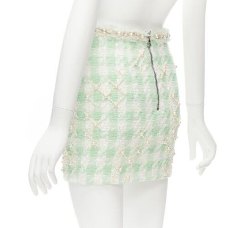 BALMAIN 2023 green white tweed pearl embellished preppy mini skirt FR34 XS For Sale 1