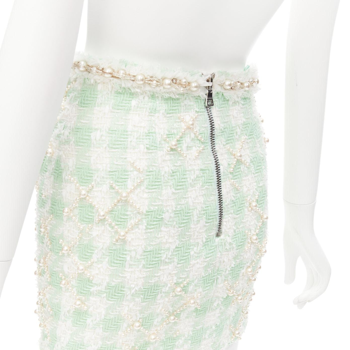 BALMAIN 2023 green white tweed pearl embellished preppy mini skirt FR34 XS For Sale 2