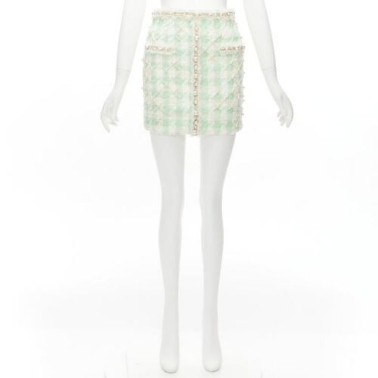 BALMAIN 2023 green white tweed pearl embellished preppy mini skirt FR34 XS For Sale 4