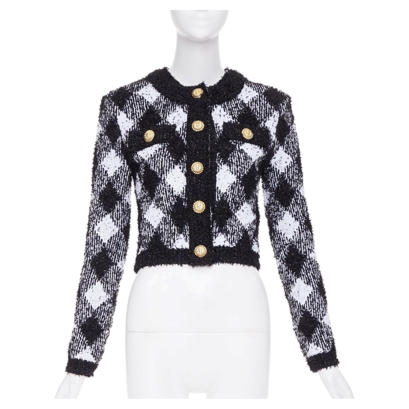 BALMAIN 2023 metallic vichy plaid houndstooth check knit cropped cardigan top For Sale