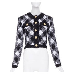 BALMAIN 2023 metallic vichy plaid houndstooth check knit cropped cardigan top