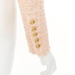 BALMAIN 2023 Pink Collarless Frayed Hem Four Pocket Cropped Tweed outerwear FR34