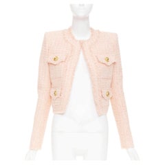 BALMAIN 2023 Pink Collarless Frayed Hem Four Pocket Cropped Tweed outerwear FR34