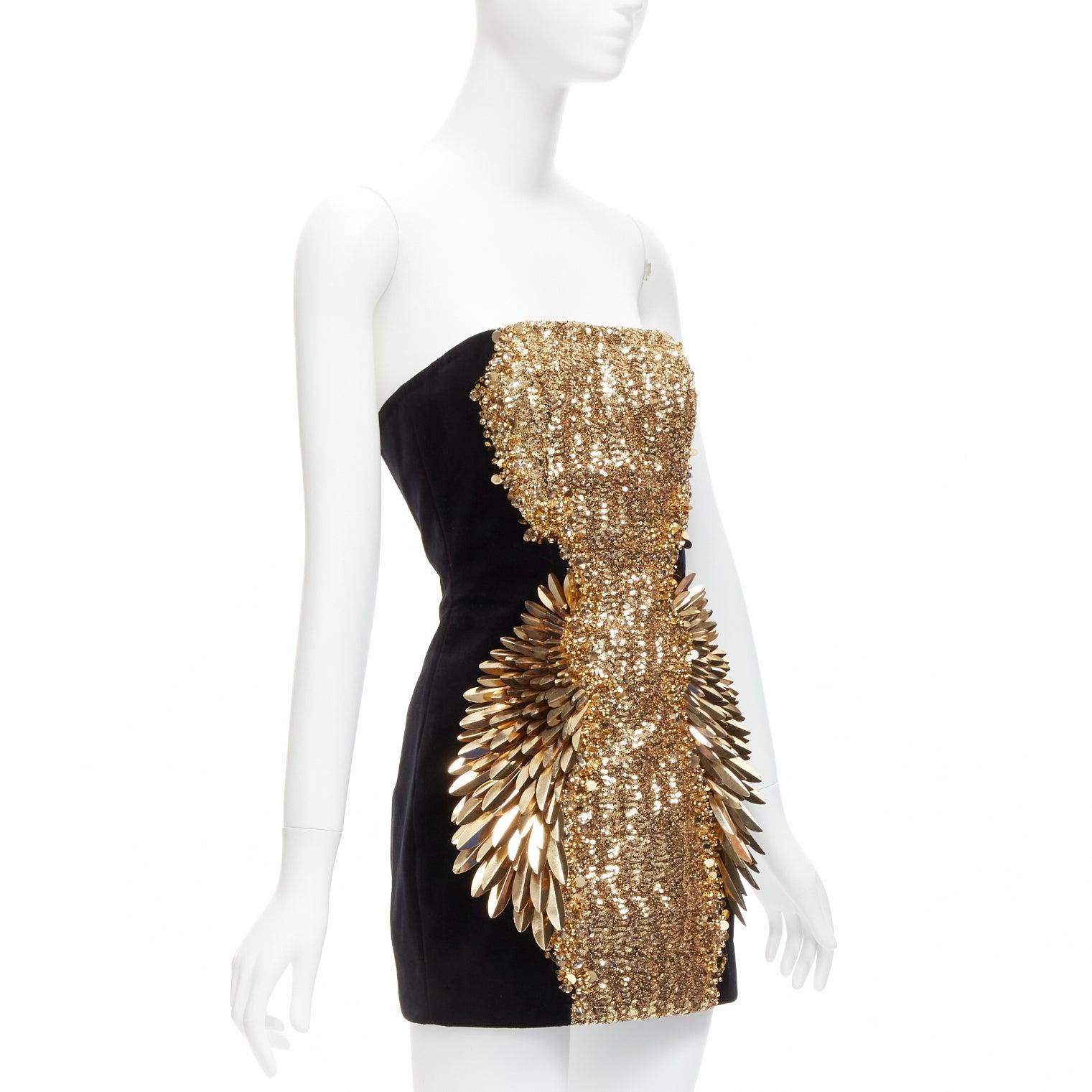 BALMAIN 2023 Winged sequins cotton velvet strapless body con mini dress FR36 S In Good Condition In Hong Kong, NT