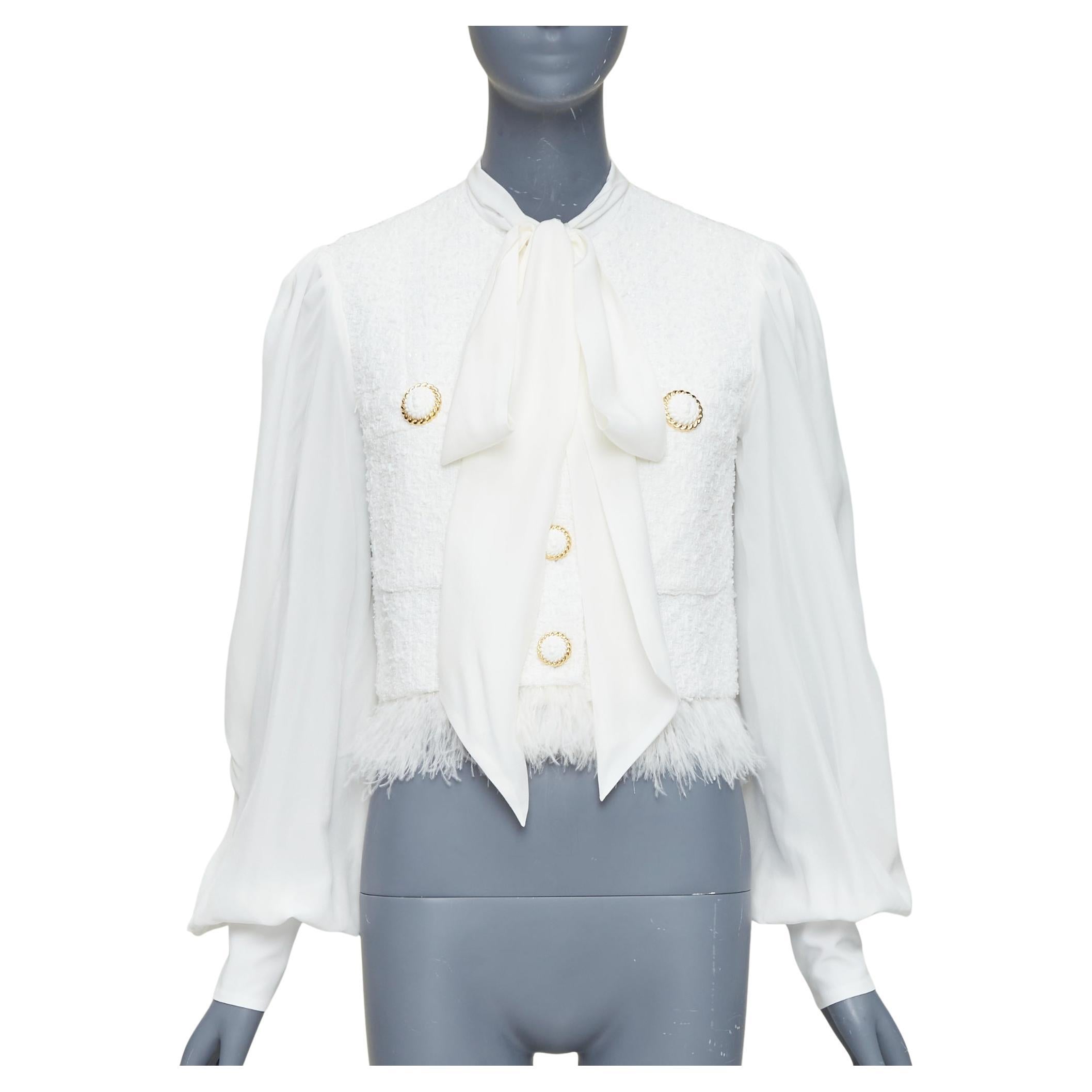 BALMAIN 2024 cream tweed silk sleeves gold lion buttons feather jacket FR36 S