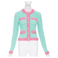 BALMAIN 2024 cardigan in maglia bouclé verde e rosa con lurex e bottoni, taglia FR34 XS