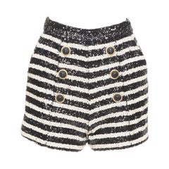 BALMAIN 2024 stripe sequin gold lion button high waist hot shorts FR34 XS