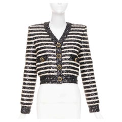 BALMAIN 2024 stripe sequined vneck lion button crop evening blazer jacket FR34